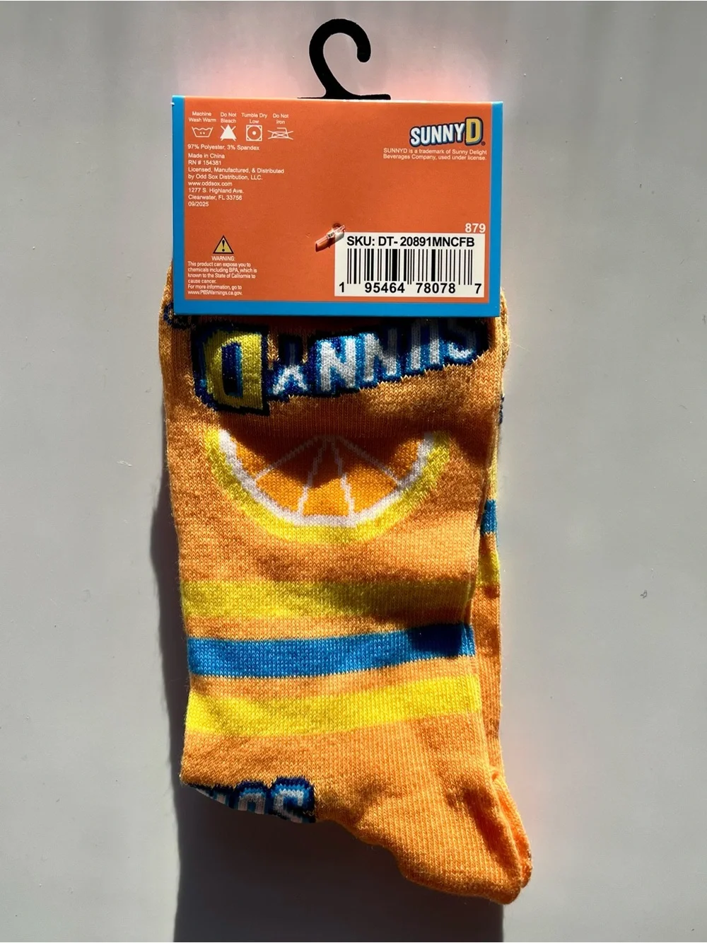 Sunny D Unisex Novelty  Crew Socks - Orange with Blue and Yellow Accents